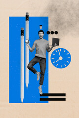 Vertical sketch 3d artwork collage poster of happy businessman hold laptop alarm clock multitask profession pencil balance coffee cup