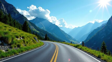 A scenic winding road journey through a majestic mountain range under a vibrant sunny sky