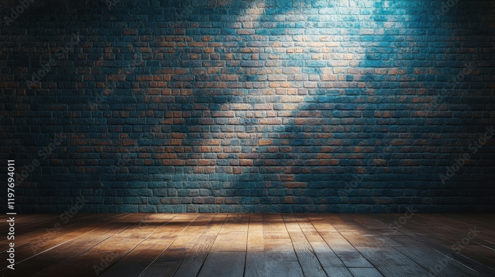 Poster Creative space with rustic brick wall and wooden floor offers perfect area for text placement and design. Generative AI