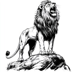 Roaring lion standing on a rock, isolated, in a sketch style, for educational or design use