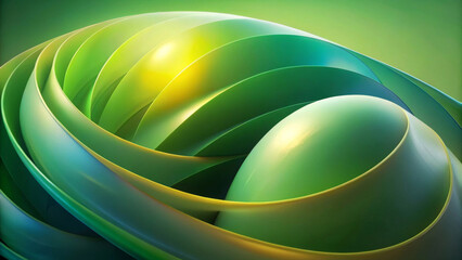 A series of smooth, interlocking forms in various shades of green create a sense of movement and fluidity. Light reflections on the surfaces enhance the 3D effect, giving it a futuristic appearance.AI