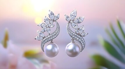 Elegant pearl & diamond earrings, studio shot, floral backdrop, jewelry advertising