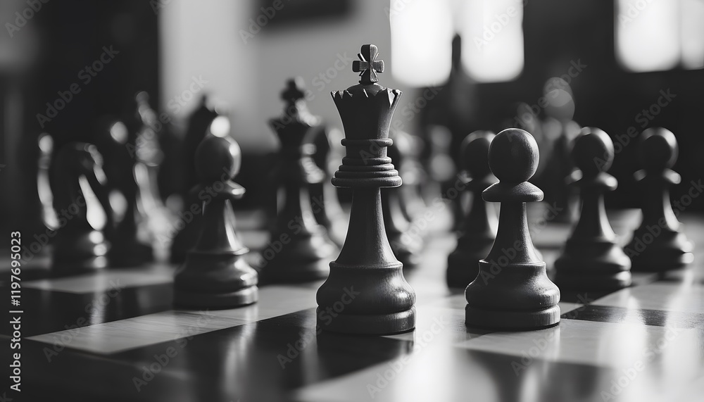 Poster black and white focused view of chess pieces on a board, symbolizing strategy, planning, competition