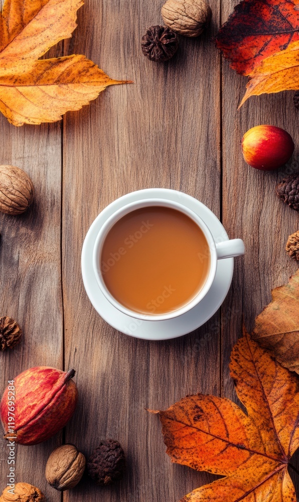 Aufkleber warm cup of coffee surrounded by autumn leaves and nuts on a rustic wooden table. generative ai