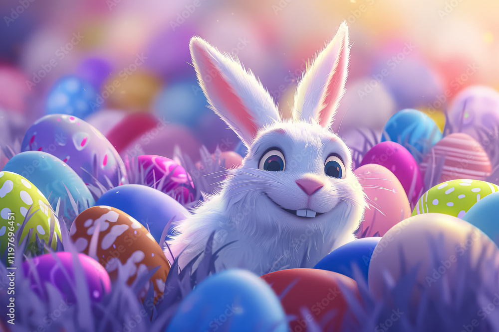 Poster rabbit is sitting in a field of easter eggs. the eggs are scattered around the rabbit, and there are