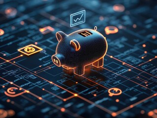 Digital piggy bank surrounded by glowing financial symbols, with Super Savings Fund floating above