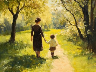 Fototapeta premium Mother and child walking through a sunlit park filled with trees and flowers