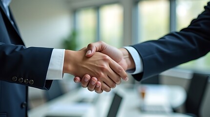 Business Partners Shaking Hands in Modern Office. Close-up of two business professionals shaking hands, signifying a successful deal or agreement.