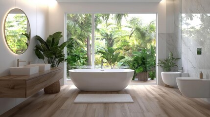 Fototapeta premium A modern luxury bathroom features a freestanding white bathtub, wooden floors, and a large window opening to a lush tropical garden.