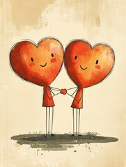 Two Cute Heart Characters Holding Hands with a Romantic Theme