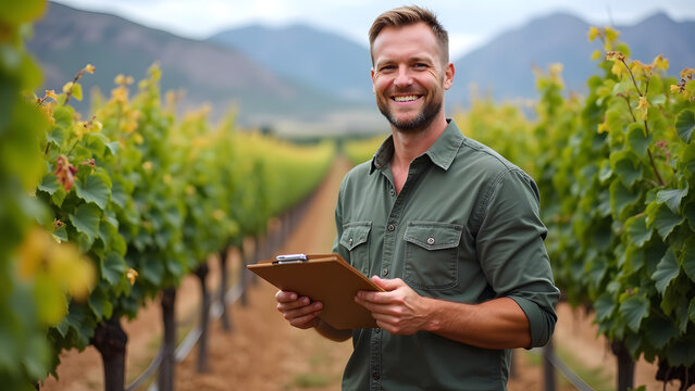 A smiling young man in a green shirt stands in a vineyard holding a clipboard, surrounded by lush grapevines and mountains in the background