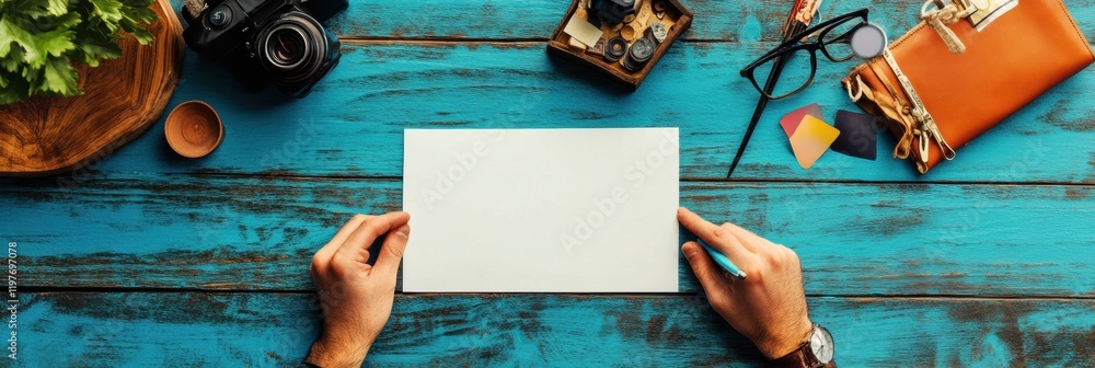 Poster create your next project with an empty piece of paper on a vibrant blue wooden table surrounded by c