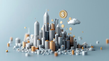 Futuristic city where buildings are made of coins, with Super Savings Fund floating in the sky