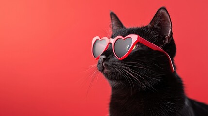 Cool black cat wearing heart-shaped sunglasses on vibrant red background perfect for Valentine's Day themes emphasizing fun and quirky style ideal for posters cards social media marketing