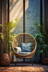 Fototapeta premium Cozy chair surrounded by greenery in a modern indoor setting