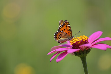 Obraz premium A vibrant butterfly with orange and black markings rests on a pink flower, showcasing nature's beauty in a lush green background