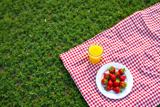 A red and white checkered picnic blanket lays on green grass with a plate of fresh strawberries and a glass of orange juice nearby inviting a relaxing outdoor snack