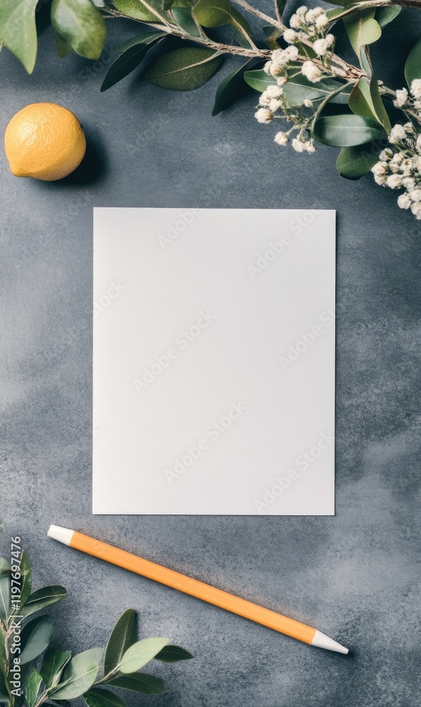 Poster mock up space for creative writing or design with blank paper and decorative elements on textured ba