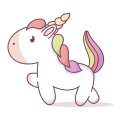 Illustration of a cute unicorn with colorful mane in pastel colors of pink, purple, light green, and golden horn. Isolated children's illustration for sticker, print.