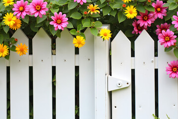 Fototapeta premium A white picket fence adorned with vibrant pink and yellow flowers creates a cheerful and welcoming scene filled with color and nature's beauty