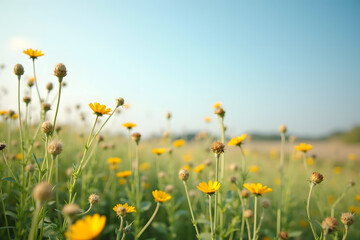 Obraz premium Vibrant yellow flowers bloom in a lush green meadow under a clear blue sky, creating a serene and cheerful atmosphere in a natural landscape