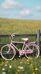 Fototapeta premium A vintage pink bicycle stands against a wooden fence, surrounded by vibrant yellow flowers in a lush green field under a bright blue sky