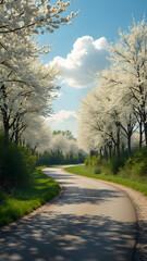 Obraz premium A winding road through a tranquil spring landscape lined with blooming white trees under a blue sky and soft clouds