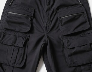 Stylish black cargo pants showcasing multiple pockets and zippers.