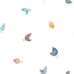 Funny chickens. Stylish birds, spring pattern on a white background, watercolor illustration for spring holidays, textiles, decor. Seamless pattern, set