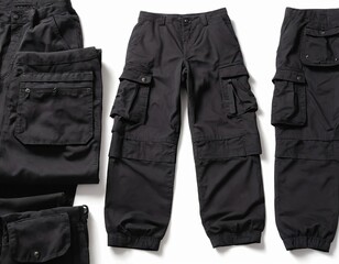 Stylish black cargo pants laid out, showcasing pockets and a modern design for versatile fashion.