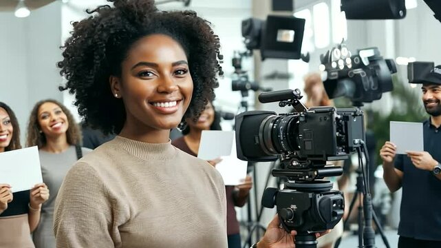 Newsroom Anchor Adjusts Microphone with Team of Producers