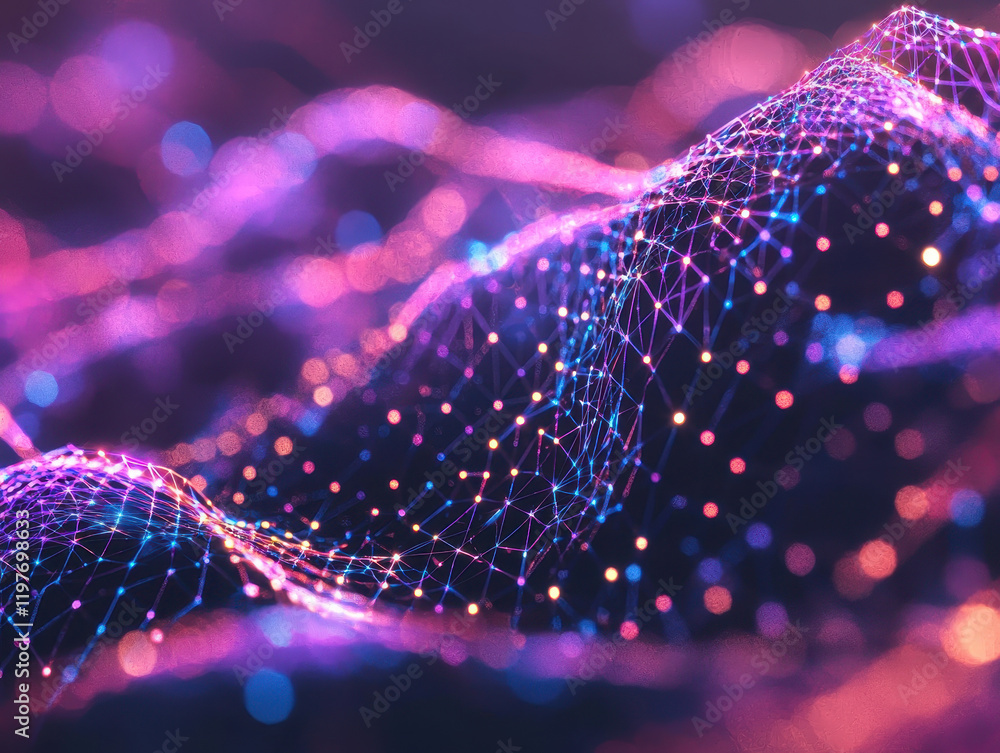 Poster high-tech visualization of carbon atom lattice in graphene showcasing glowing connections within int