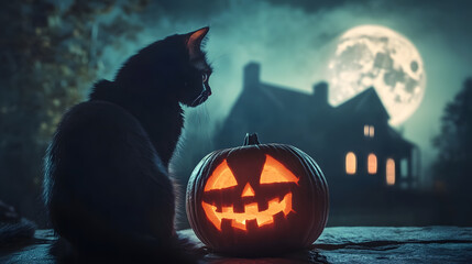A black cat sits beside a glowing jack-o'-lantern on a spooky Halloween night. A full moon illuminates a mysterious house in the background.