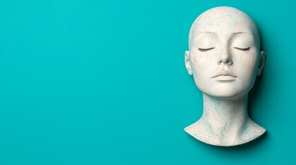 Serene female head mannequin on teal background.