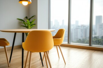 Fototapeta premium luxury apartment with exclusive view Modern dining area with yellow chairs and a city view.