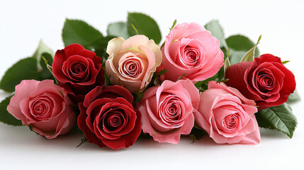 Obraz premium A beautiful arrangement of pink and red roses with green leaves on a white background, leaving ample space for text 