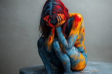 Naklejka premium An expressive image of emotional tension in a person, featuring a figure in contrasting colors surrounded by abstract lines radiating outward