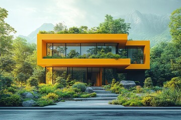 Modern architectural design showcasing bright orange structure surrounded by lush greenery