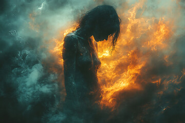 An expressive image of emotional tension in a person, featuring a figure in contrasting colors surrounded by abstract lines radiating outward