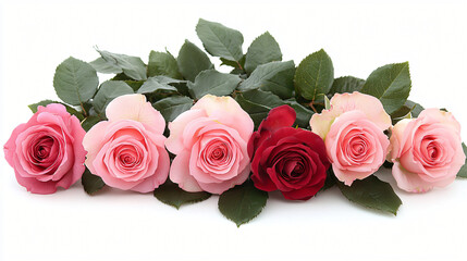 Obraz premium A beautiful arrangement of pink and red roses with green leaves on a white background, leaving ample space for text 