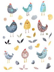 Funny chickens. Stylish birds, spring pattern on a white background, watercolor illustration for spring holidays, textiles, decor. Seamless pattern, set