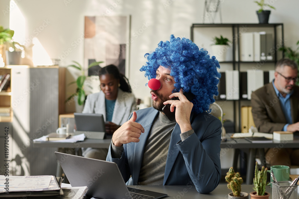 Aufkleber young man in formalwear and clown wig discussing working points on mobile phone while sitting by his