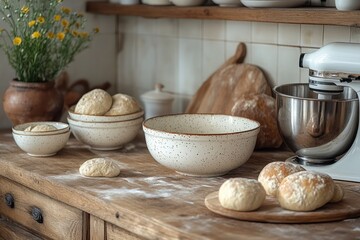Baking process in a cozy kitchen with freshly made dough and ingredients on a wooden countertop