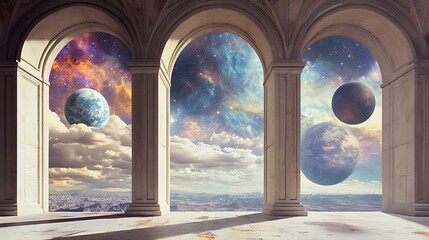 A cosmic landscape with planets and stars visible through giant windows