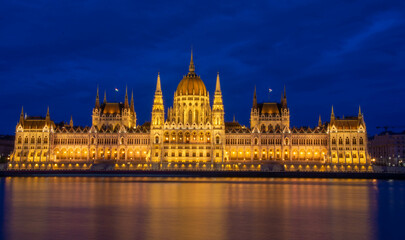 hungary Budapest twilight at Danube River with lit up Hungarian Parliament building