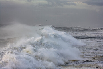 Stormy breaking waves at sunset