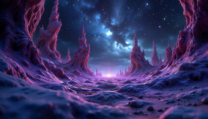 Beautiful fantasy scene with surreal alien landscape with purple mountains, rocks and cosmic sky