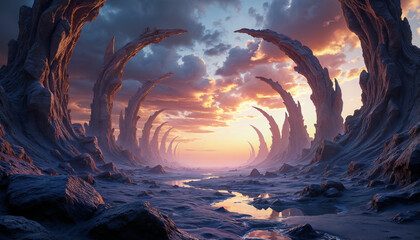 Beautiful fantasy scene with surreal alien landscape with mountains, rocks and river at sunset