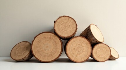 Wooden Cross-Section Display Natural Arrangement of Tree Trunk Slices on a Neutral Background