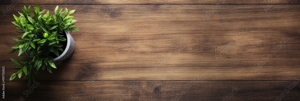 Poster fresh green plant on wooden table providing empty space for text and mock up opportunities in a cozy